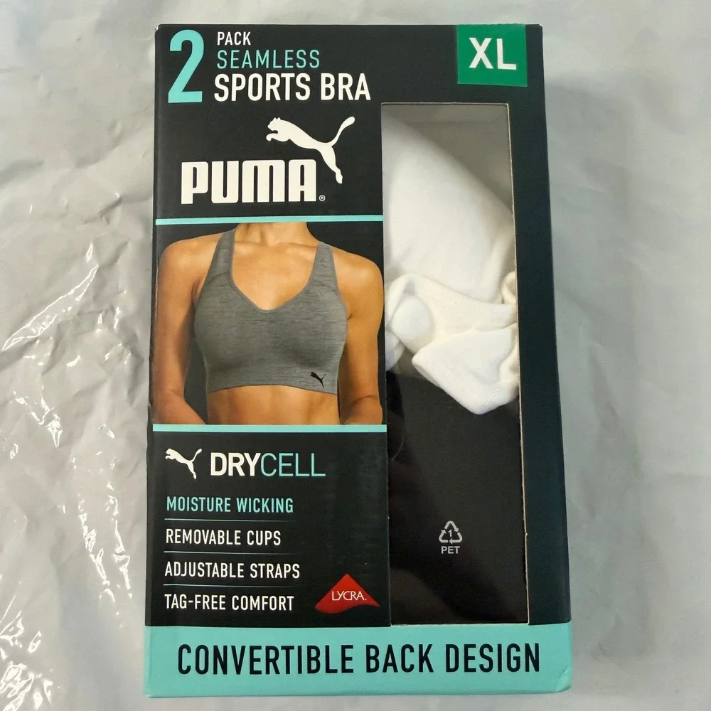 Puma Womens DryCell Seamless Sports Bra 2 Pack Black White XL Convertible Back